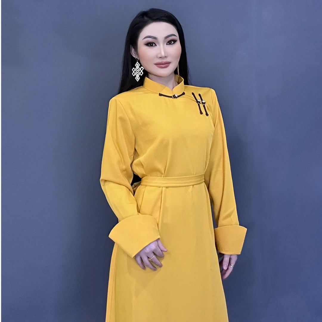 Adiyabrand纯色四季款女士蒙古袍连衣裙子国风复古长袖出游服装女