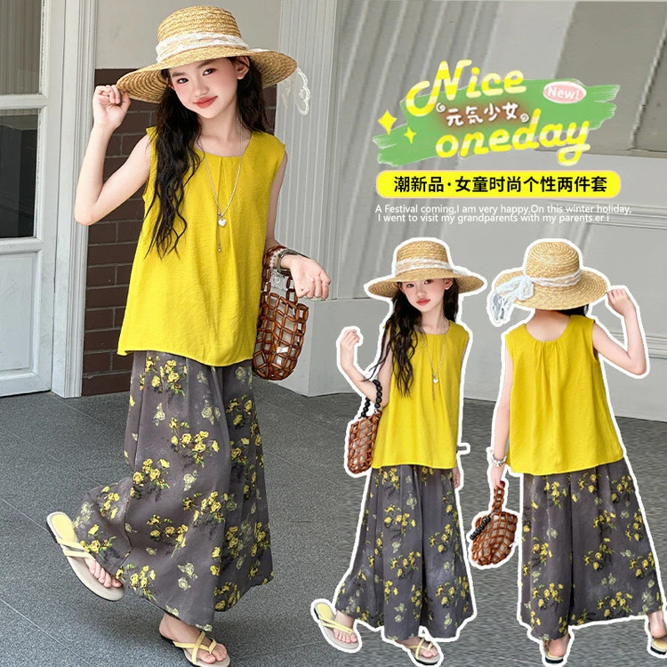 女童套头宽松中大童碎花休闲风夏季女夏装套装阔腿韩版时尚