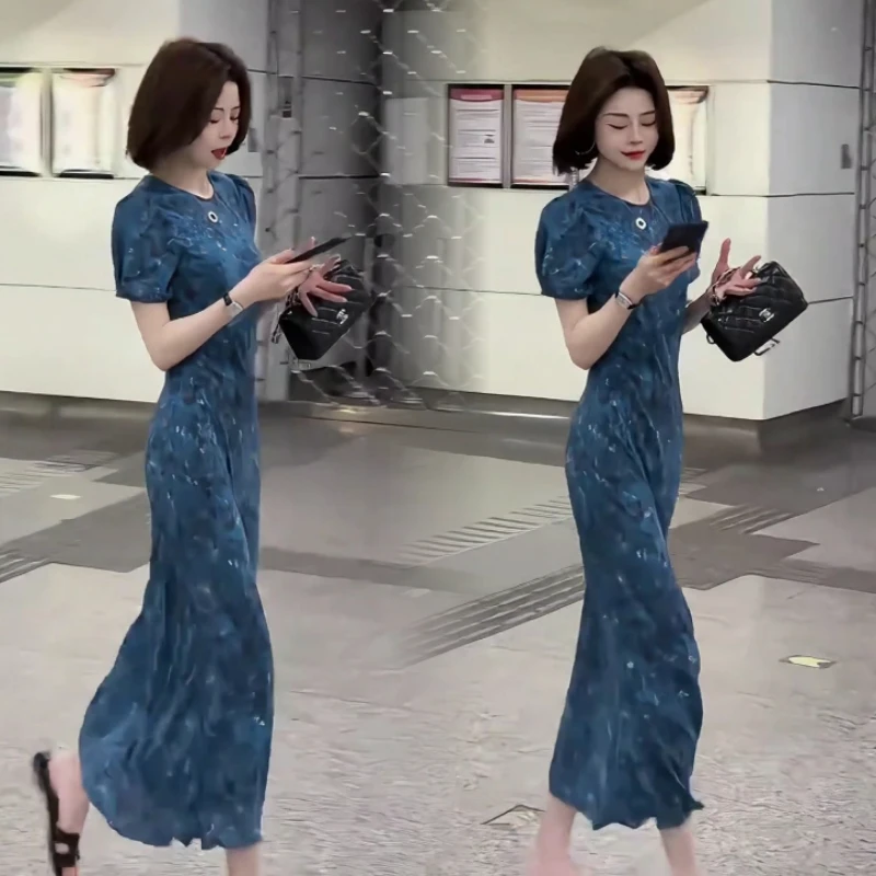 2025新款国风裁油画晕染花卉连衣裙女夏慵懒松弛感气质长裙子女装