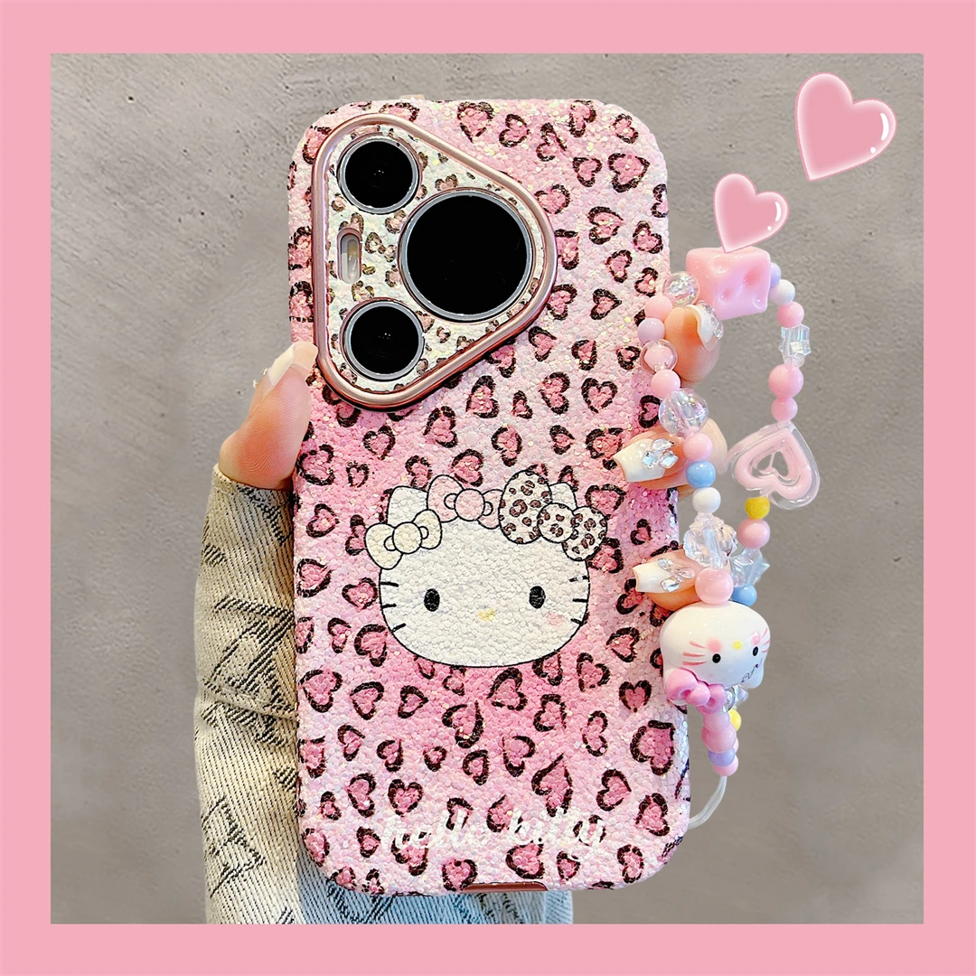 适用华为pura70pro+手机壳粉色豹纹可爱卡通Kitty猫pura80pro皮质