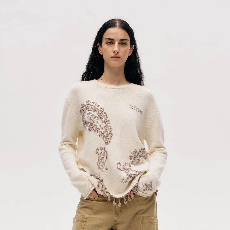 ICEDUST 圆领腰果花套头毛衫女25FW秋冬新款撞色百搭长袖上衣IINC