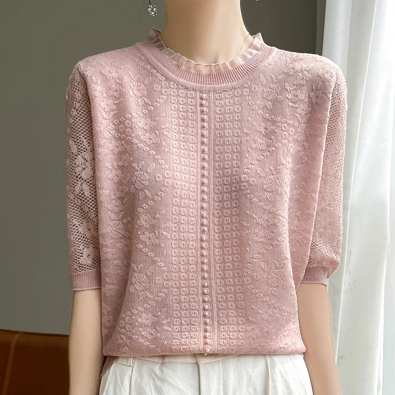 新款2025爆款正品夏季薄款时尚蕾丝针织打底气质镂空宽松圆领上衣