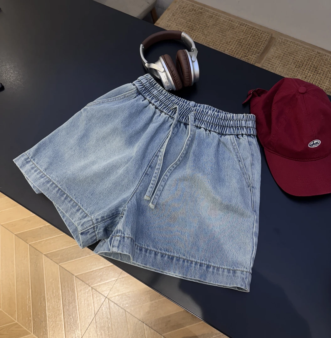 【不挑身材】系带牛仔休闲短裤宽松百搭松紧高腰阔腿短裤