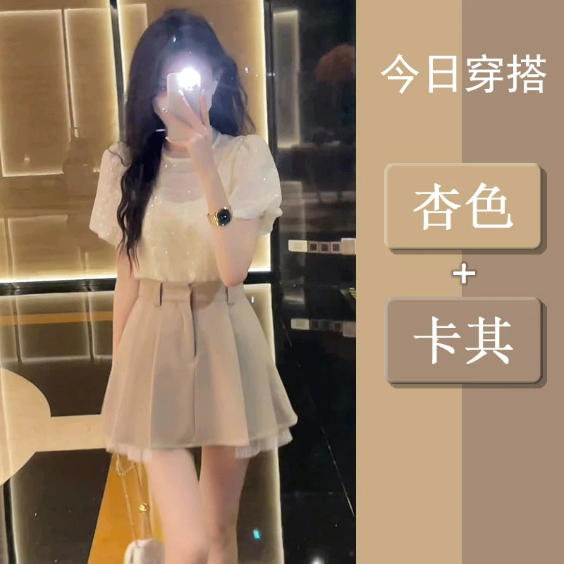 2025时尚别致泡泡袖上衣+高腰遮胯百褶短裙甜美日系两件套潮