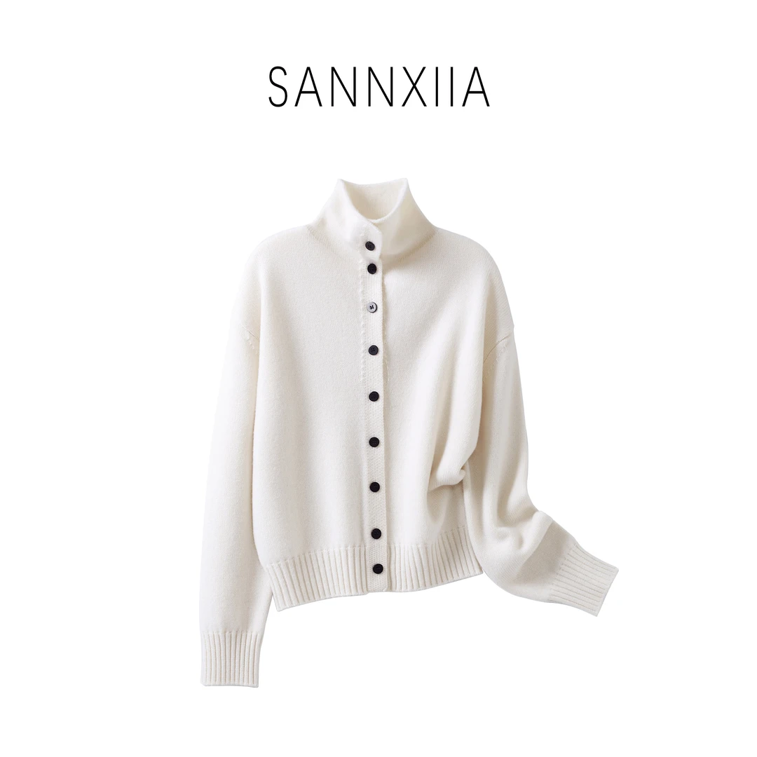 SANNXIIA8725时尚气质羊绒羊毛立领针织开衫 纯色高领秋冬休闲