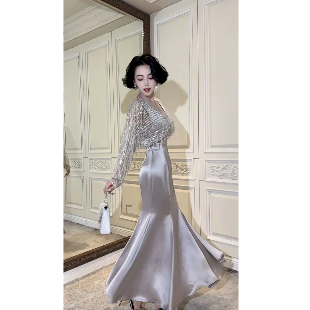 LYXJ【罗纳河碎钻】醋酸礼服裙25春夏新款流苏亮片高腰显瘦连衣裙