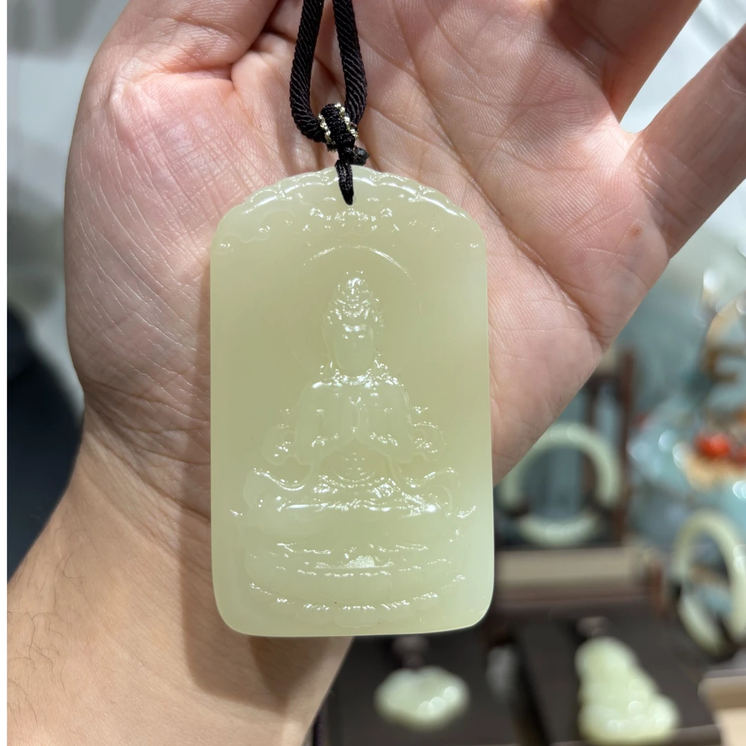 【福禄山水】46大尺寸-和田玉观音山水牌男女款吊坠挂件