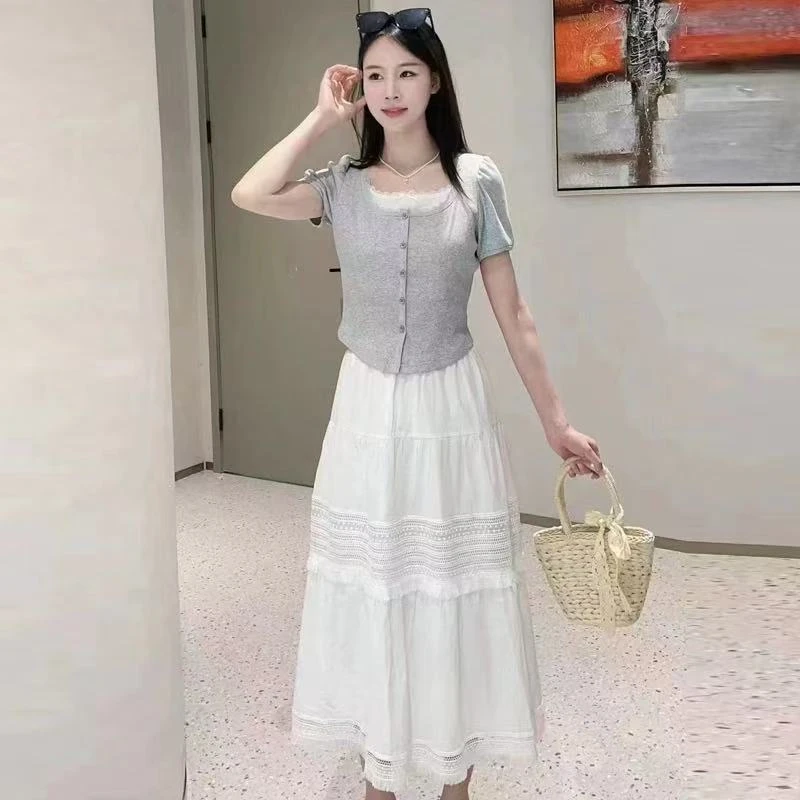 585薄款仙女灰色针织短袖半身裙两件套2025夏季圆领花边气质薄