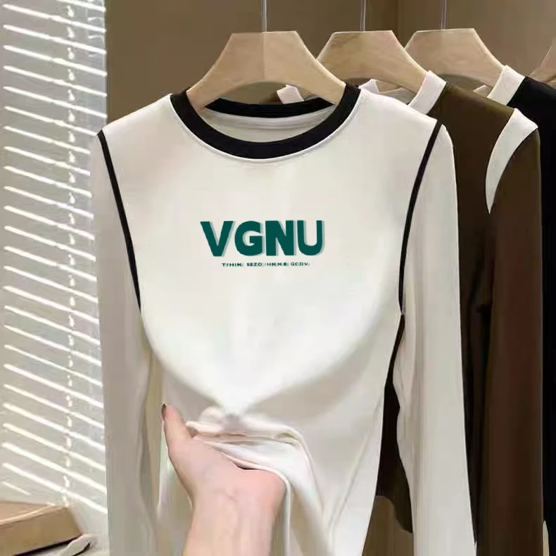 正肩德绒秋冬季恤女拼色撞色拼接保暖时尚百搭显瘦长袖上衣打底衫