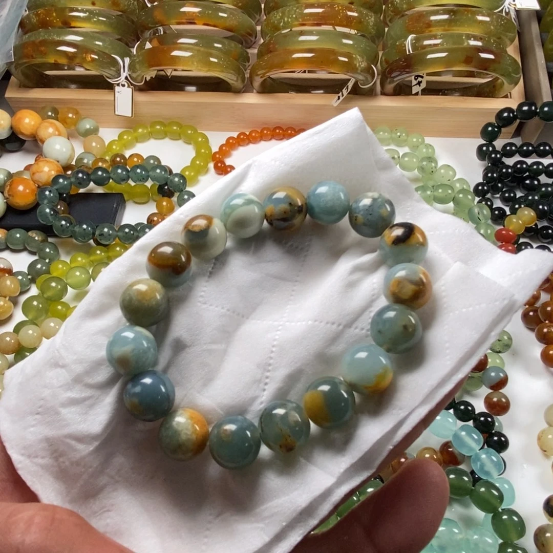 未镶嵌蛇纹石玉手链花玉精品地球蓝卡12手串
