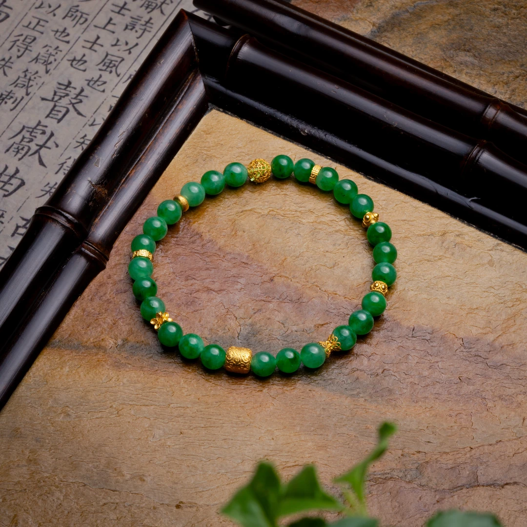 辣绿翡翠圆珠手串 6mm 天然翡翠A货 18K 绿色精美珠珠