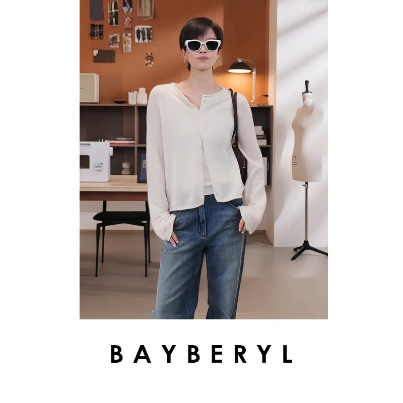 BAYBERYL老贝星云*亮片丝羊绒圆领秋排扣针织开衫ZZS5G0301
