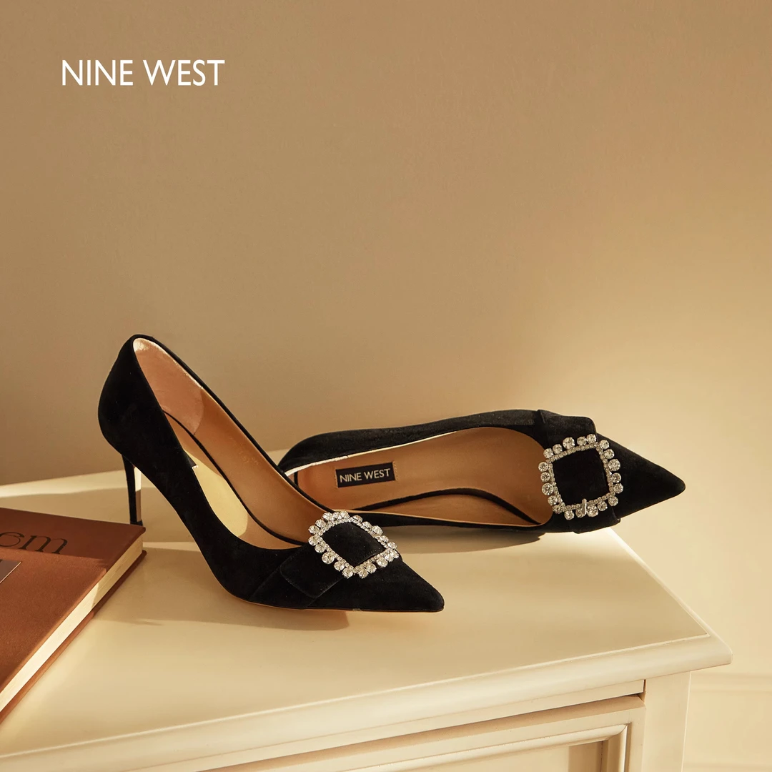Nine West/玖熙2025秋季新款女鞋法式细跟高跟鞋尖头水钻方扣单鞋