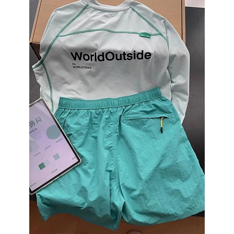 特大码300斤户外防晒长袖t恤短裤套装男女早秋薄款速干骑行两件套