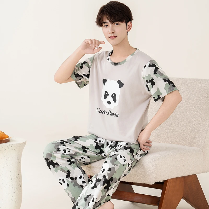 男士睡衣夏季薄款短袖长裤套装卡通纯棉大码宽松家居服青少年外穿