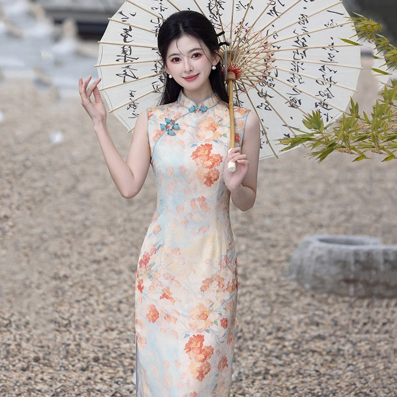 无袖国风长款改良旗袍2025新款年轻款少女新中式复古修身日常可穿