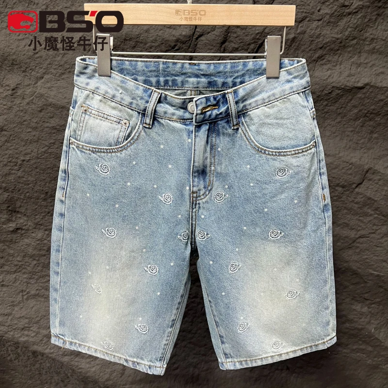 小魔怪夏季新款提花牛仔短裤男款五分裤潮牌宽松直筒美式高街中裤