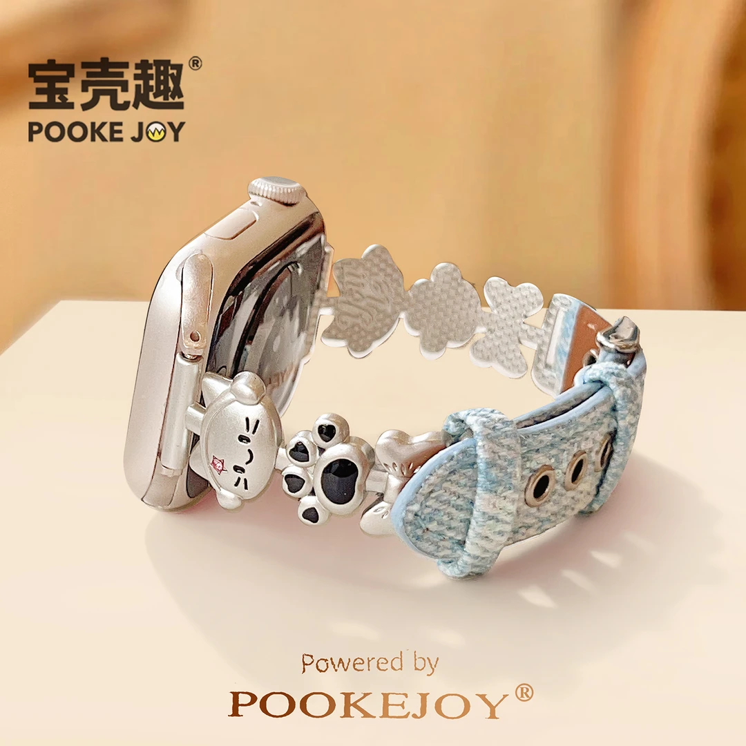 宝壳趣适用苹果applewatch11音乐猫皮表带s10/s9/s8皮质表带可爱