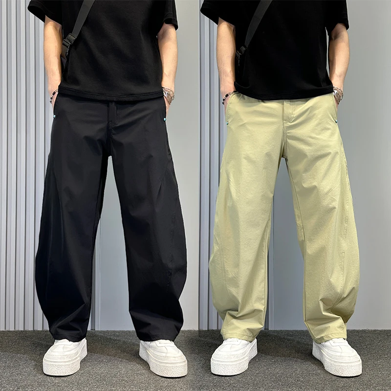 夏薄款透气弹力圆月弯刀裤男2025新款宽松直筒阔腿裤高级感男裤子