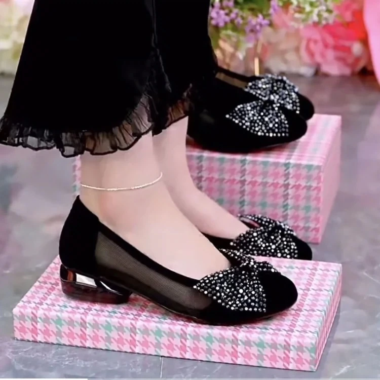 2025年新款网纱单鞋女2025年新款春夏季低跟蝴蝶结豆豆鞋镂空