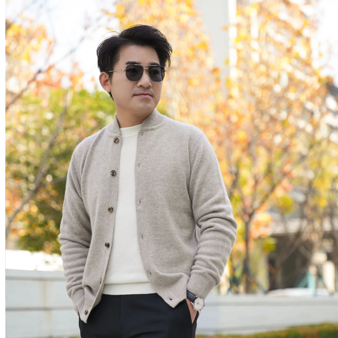 100%纯羊绒衫男扣子开衫羊绒衫冬季时尚高档针织加厚秋冬外套