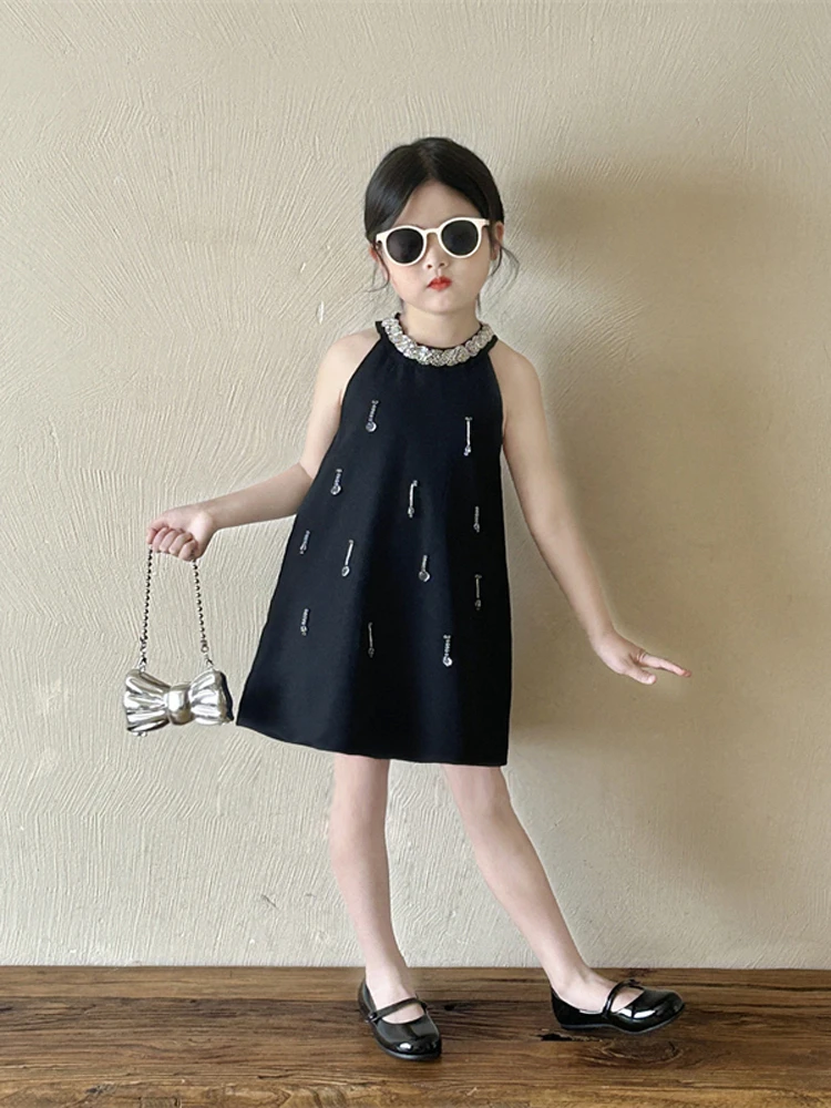女童挂脖订钻小黑裙连衣裙2025夏新款儿童赫本风生日裙礼服公主裙