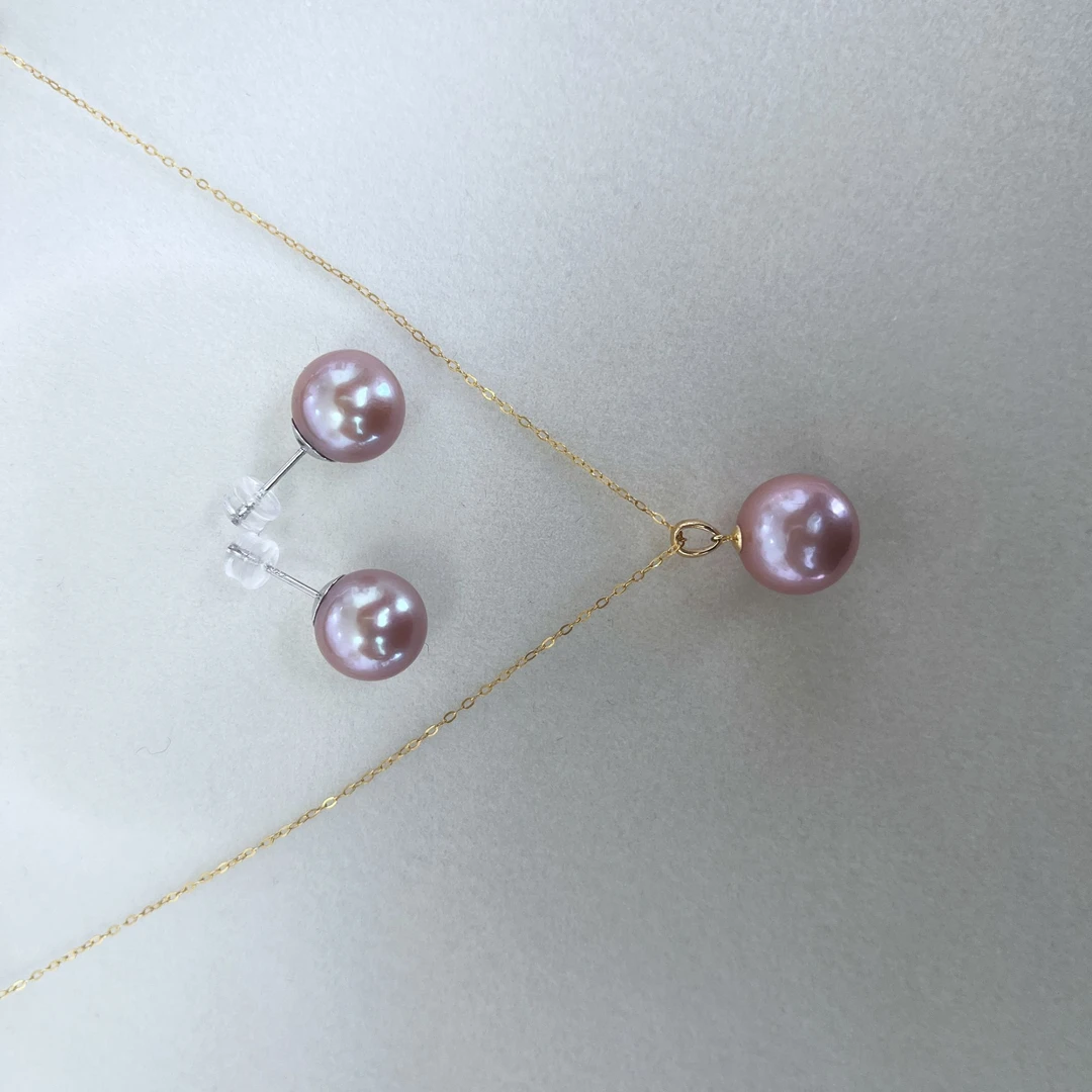 淡水天然珍珠10.5-12.5mm紫色吊坠耳钉套装