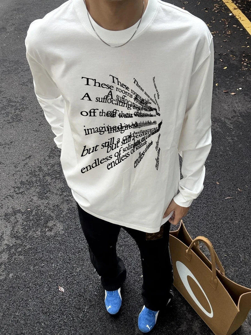 秋冬季oversize潮牌个性字母印花重磅纯棉t恤男痞帅美式长袖上衣