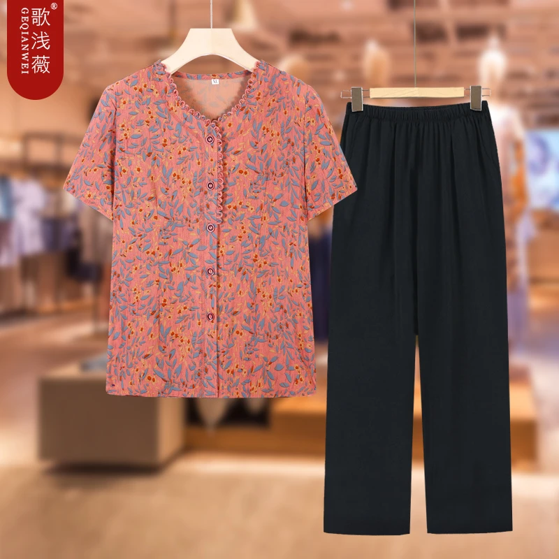 中老年人夏装女装衬衫短袖上衣奶奶装老人衣服夏天宽松妈妈装衬衣