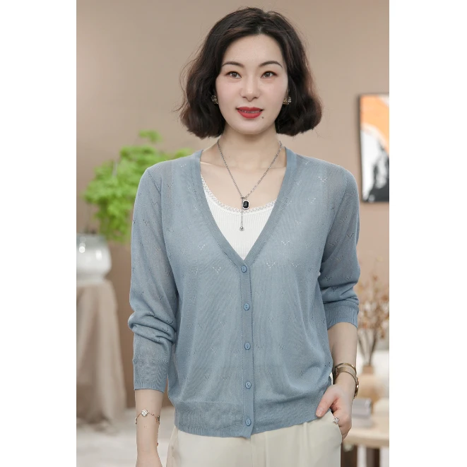 【涧蓝正品】夏季新款V领薄款纯色开衫女减龄宽松防晒衣冰凉透气