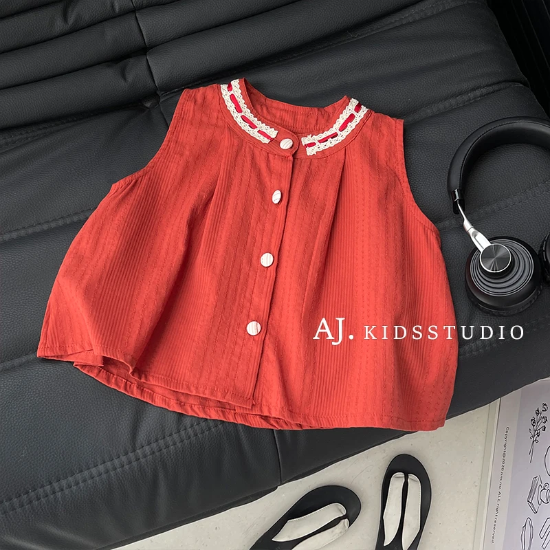 现【番茄沙司】阿卷女夏童棉麻蕾丝拼接设计感轻薄背心上衣MPG6390