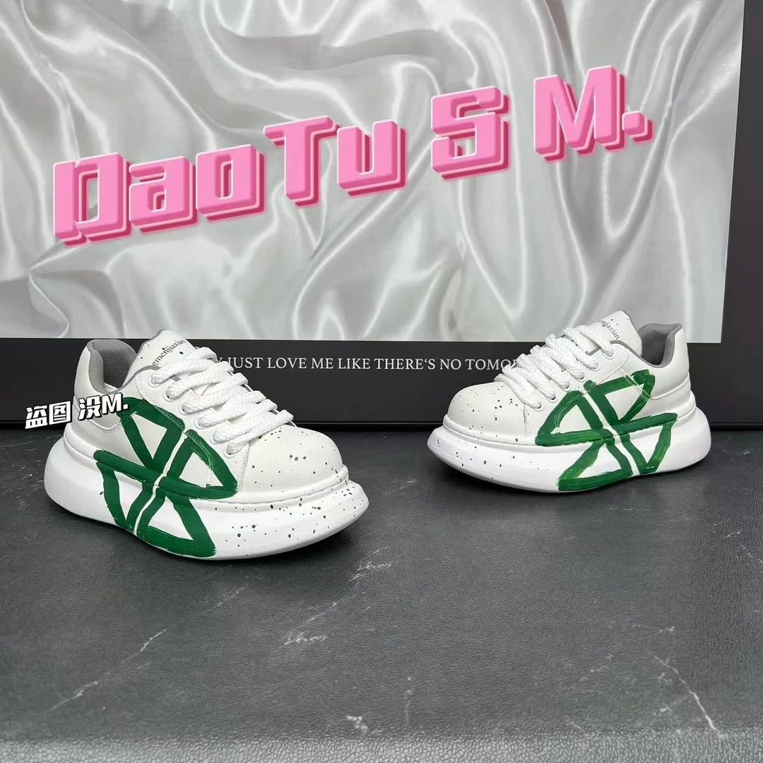 2025早秋百搭新款时尚小白鞋涂鸦拼色增高厚底运动潮流男鞋板鞋