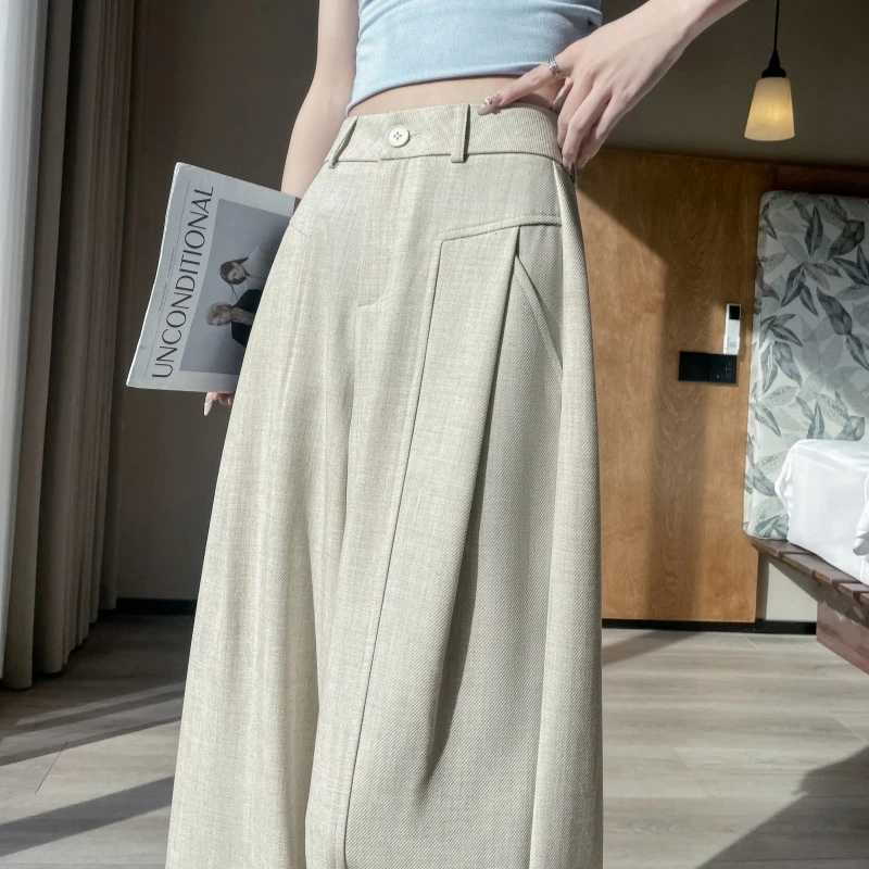 现货2025春夏新款高腰麻料西装阔腿裤女宽松垂感直筒休闲拖地长裤