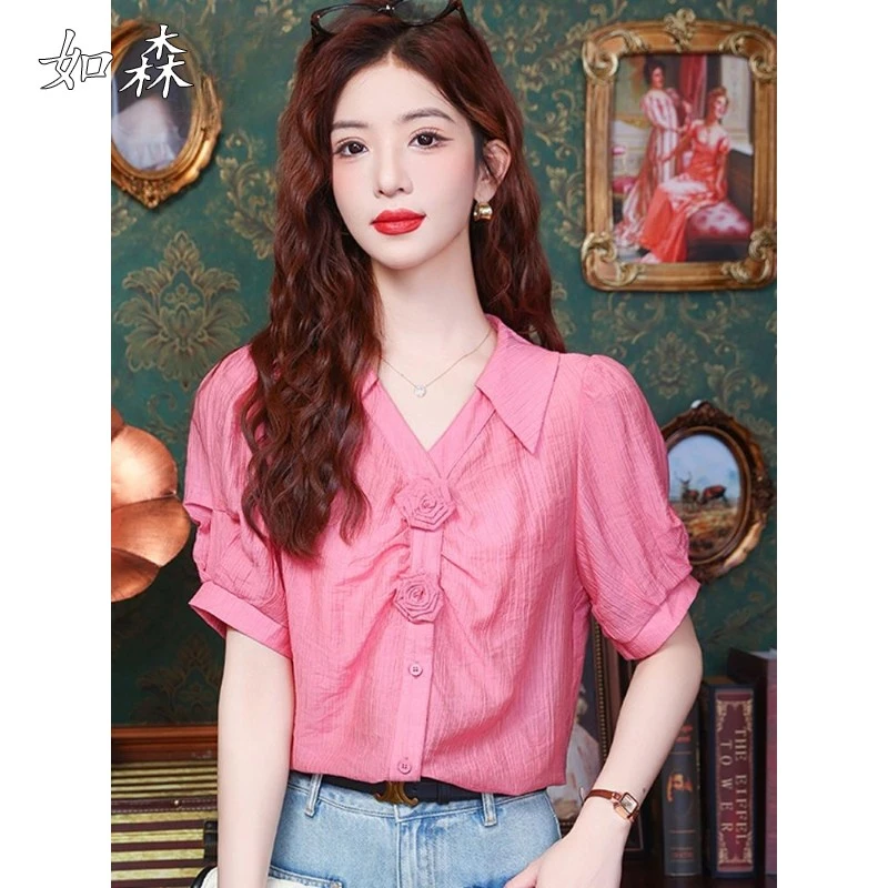 粉红色上衣女士夏季2025新款爆款小衫轻奢高级感超火短袖雪纺衬衫