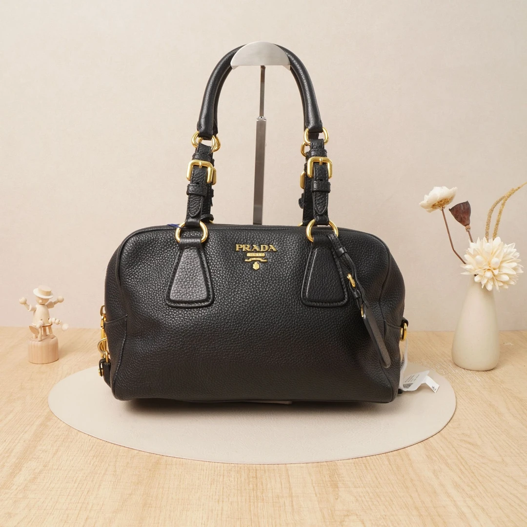 95新 Prada/普拉达 手提保龄球包黑金牛皮/尘袋/锁/钥匙/DS032248