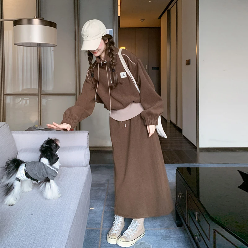 休闲运动卫衣套装裙女2025春秋新款韩系穿搭慵懒风遮肉显瘦两件套