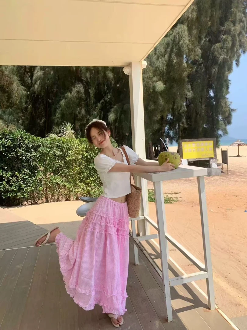 夏季多巴胺色系重工木耳边格子裙蛋糕裙