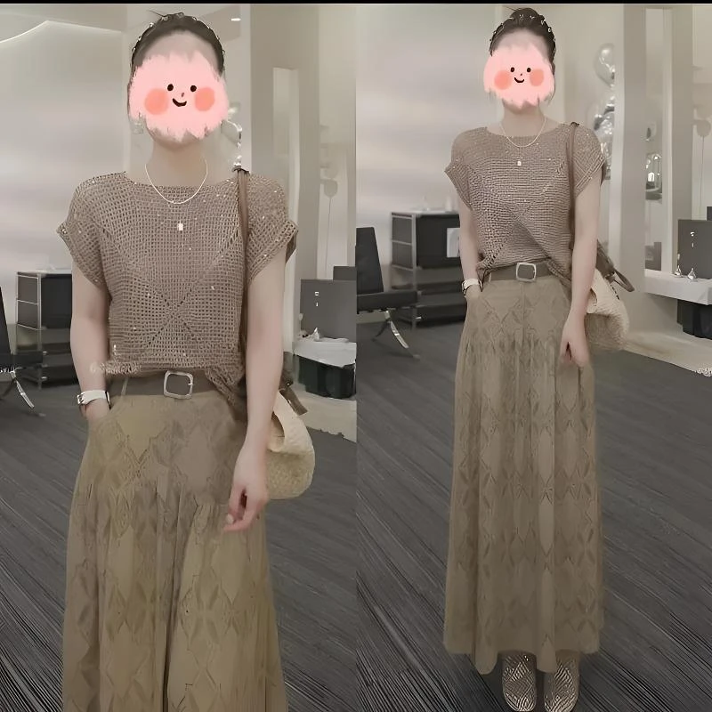 小众炸街高级感女装夏季减龄宽松短袖针织上衣百搭半身裙子套装女