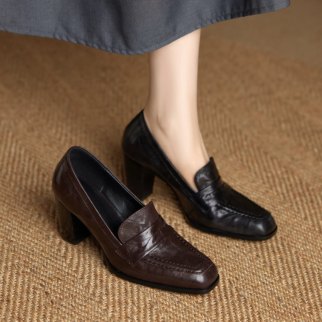 小个子手工女鞋7cm~复古方头乐福鞋粗跟通勤高跟鞋一脚蹬单鞋女