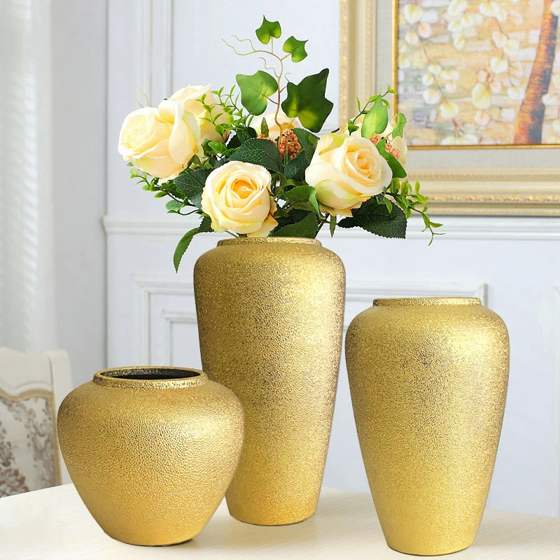 金色轻奢风陶瓷花器现代欧式装饰品高级感花器客厅办公室展厅摆设