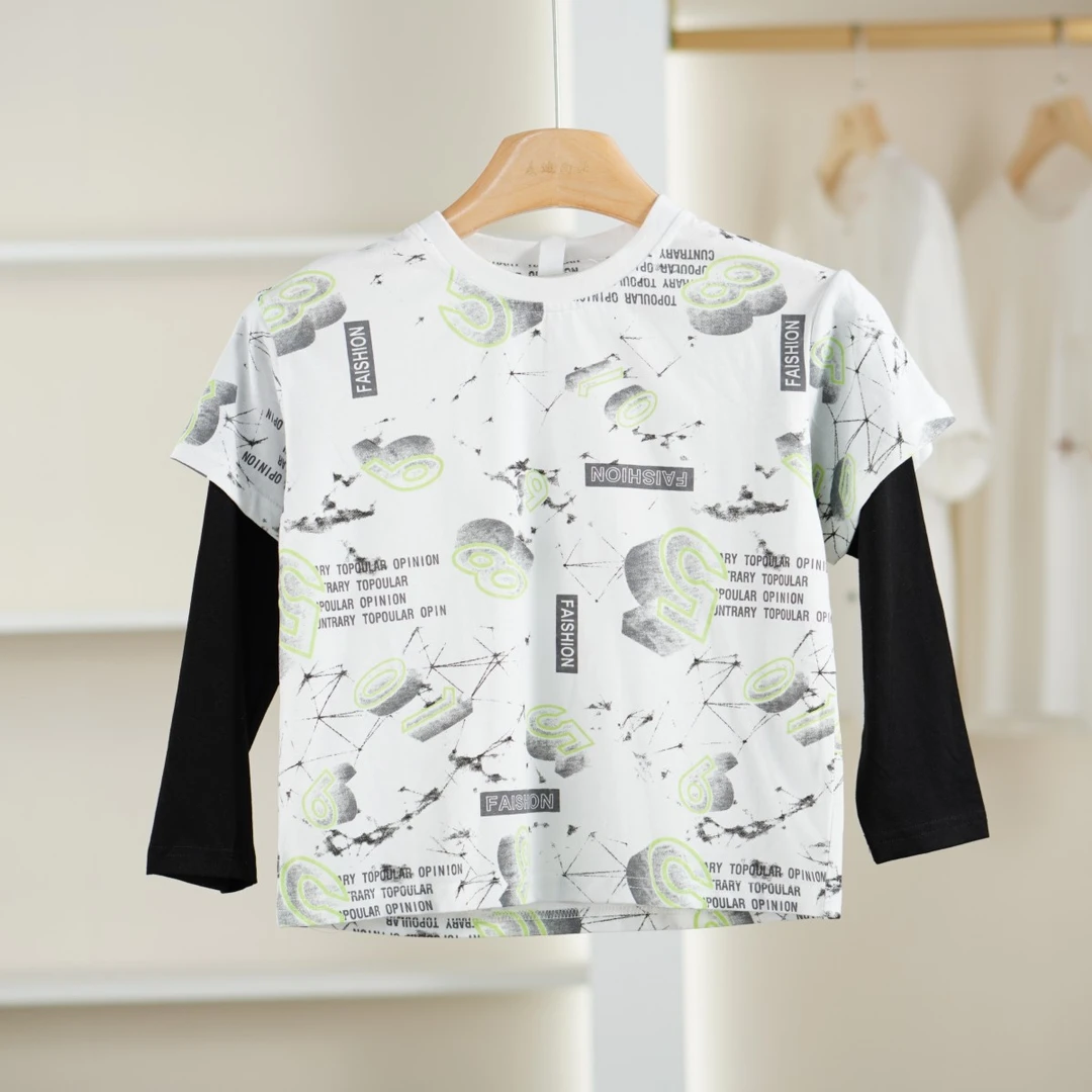 麦迪尚品 一路童行 31208113 春季简约拼接袖假两件儿童T恤衫