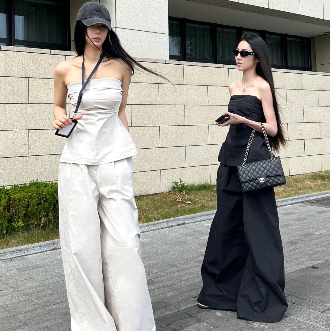 时尚两件套装女夏季2025新款无袖抹胸上衣休闲阔腿裤