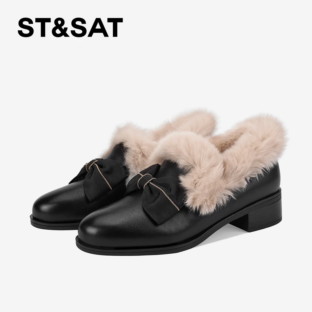 St&Sat/星期六百搭气质复古加绒乐福鞋女粗跟蝴蝶结英伦毛毛单鞋
