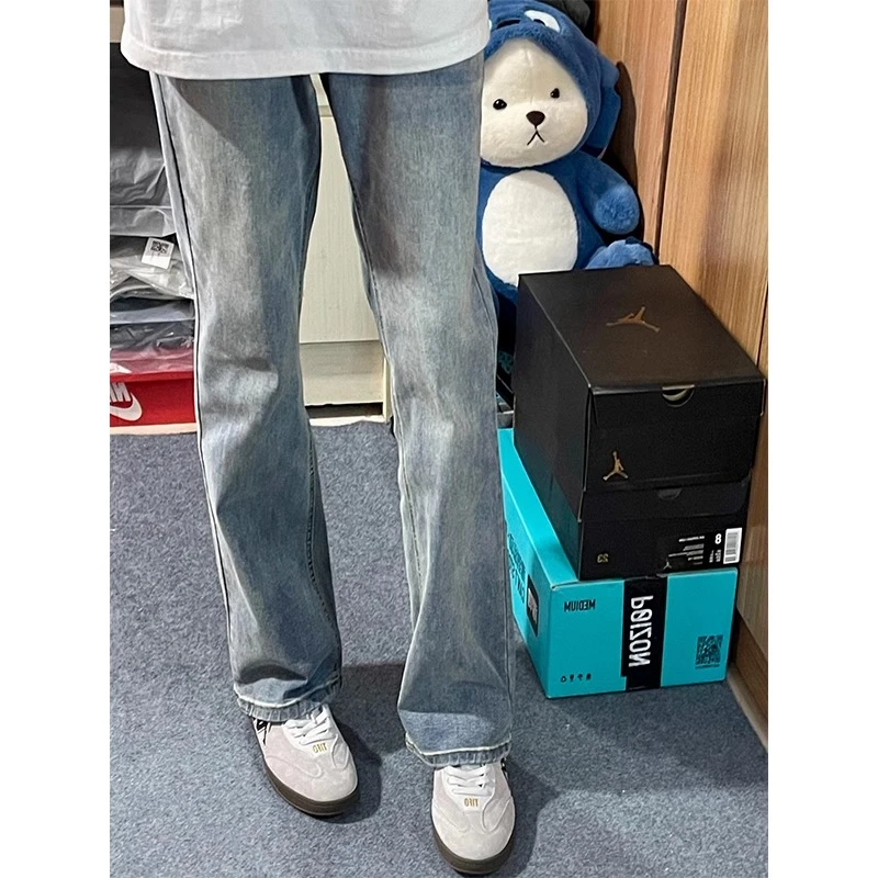 浅蓝色cleanfit牛仔裤男款高级感修身显瘦裤子美式vibe微喇直筒裤