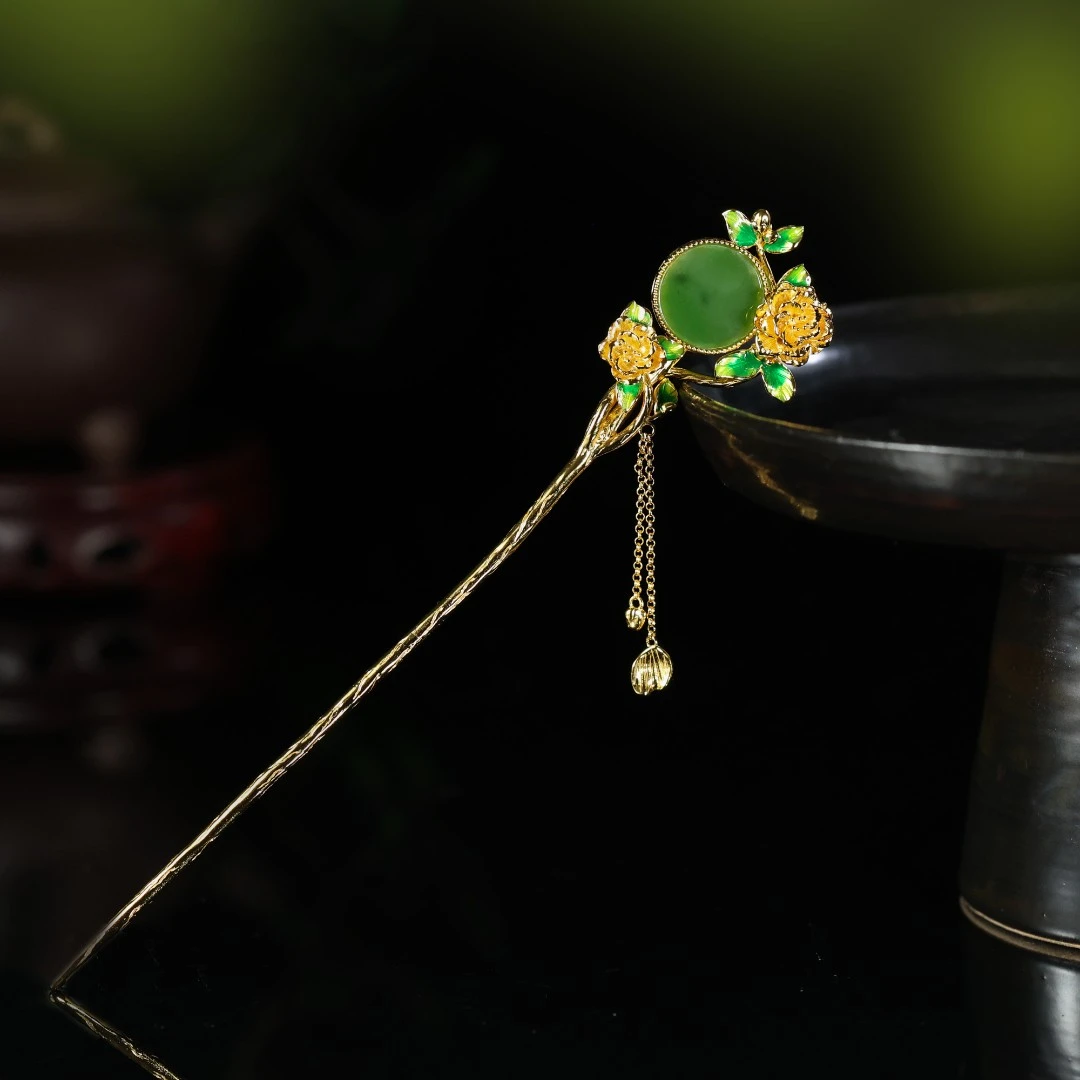 山茶花开/S925银碧玉发簪