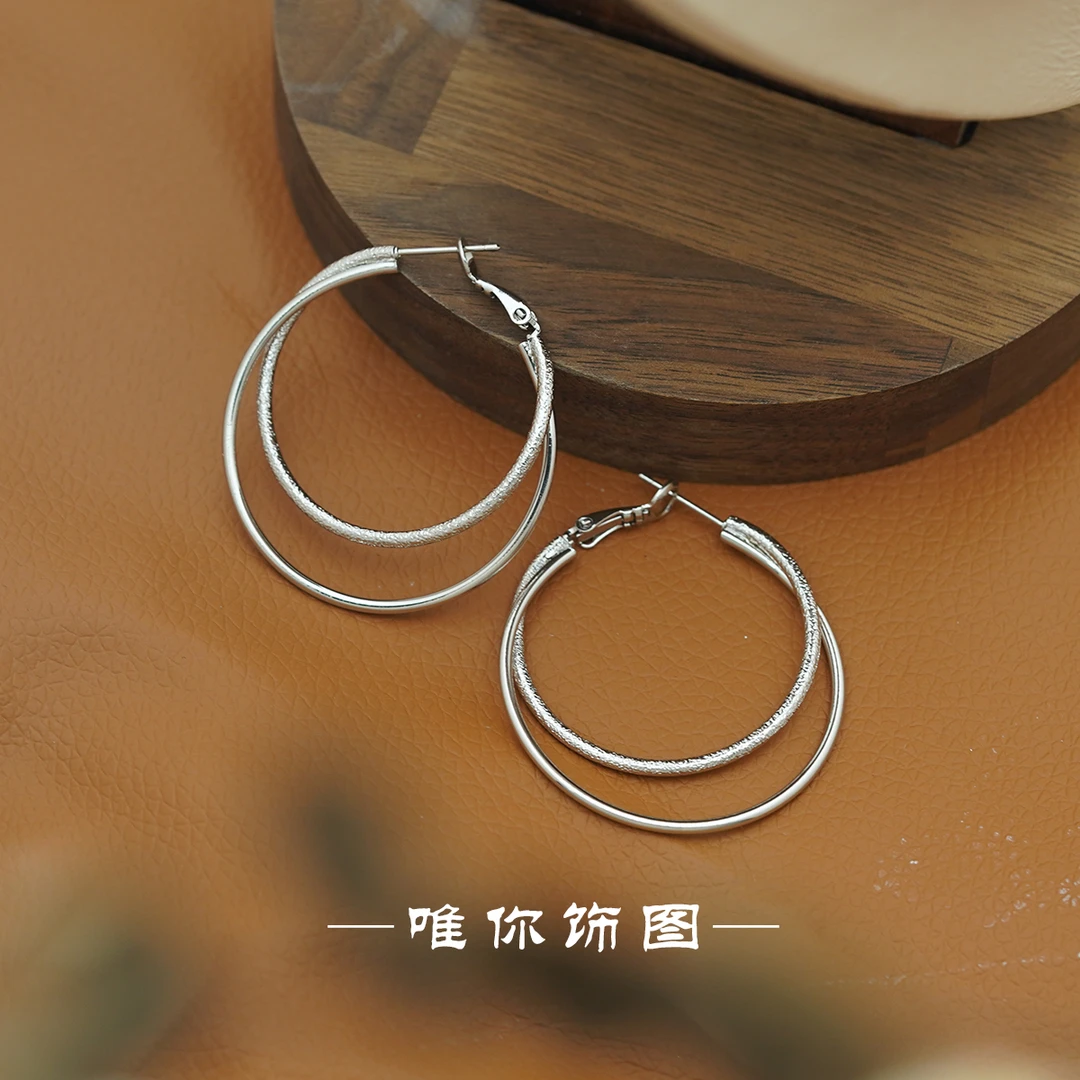 铜合金耳饰 简约双层圈圈耳环原创设计时尚银色耳饰日韩E0249