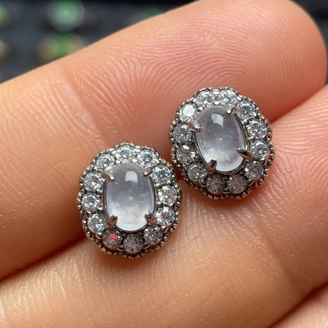 翡翠银S925镶嵌耳饰纯天然缅甸翡翠A货