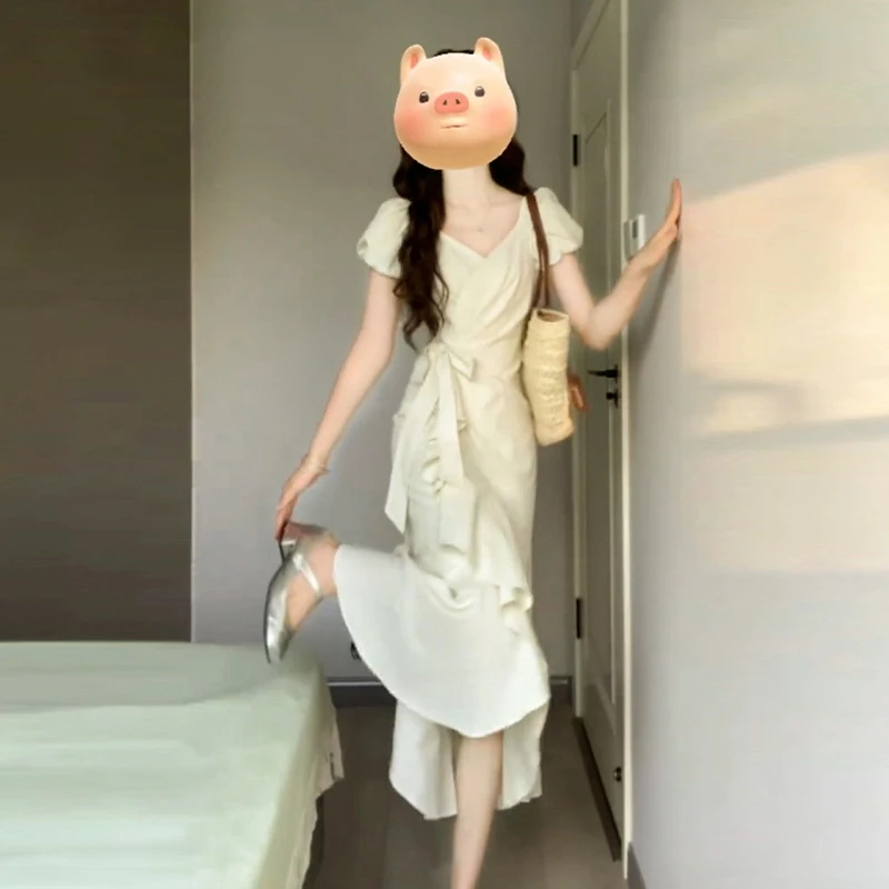 2466泡泡袖蓝色连衣裙子女夏季2025新款梨形身材小众设计法式长裙