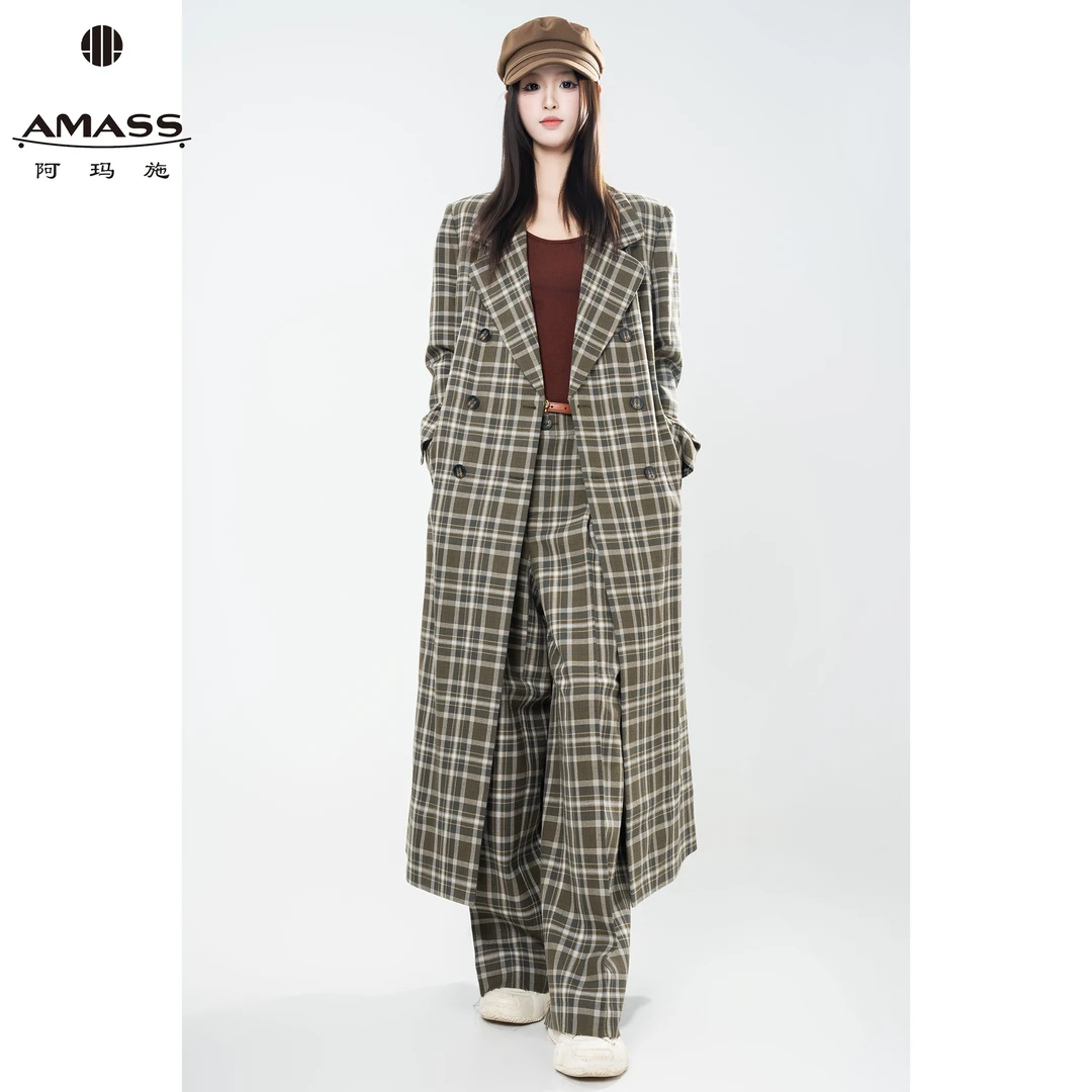 AMASS/阿玛施秋冬新款复古英伦风格纹双排扣翻领毛呢大衣女540081
