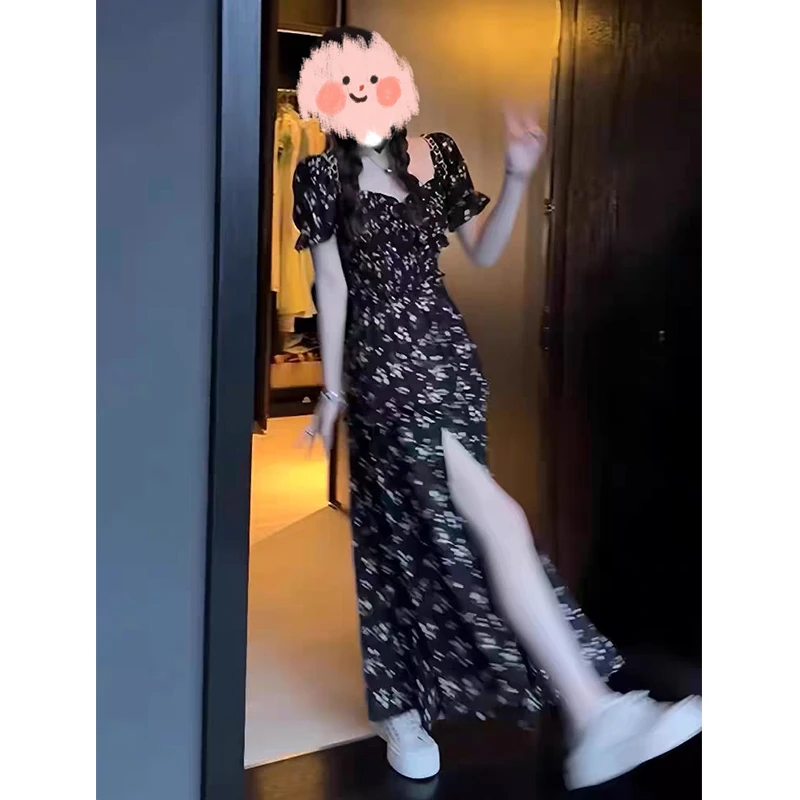 大码黑色碎花连衣裙女法式泡泡袖收腰气质开叉长裙3565#